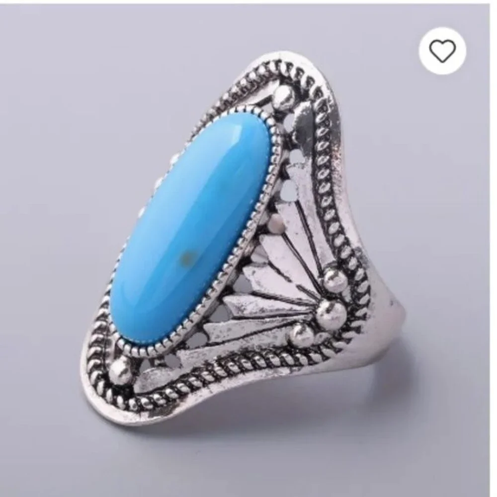 Southwestern Textured Blue silver Long Oval Ring size 7 Bohemian *